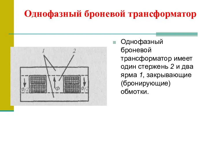 Однофазный броневой трансформатор Однофазный броневой трансформатор имеет один стержень 2 и