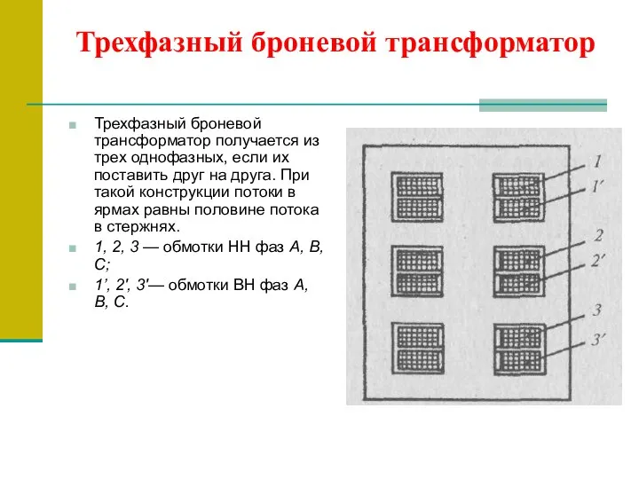 Трехфазный броневой трансформатор Трехфазный броневой трансформатор получается из трех однофазных, если