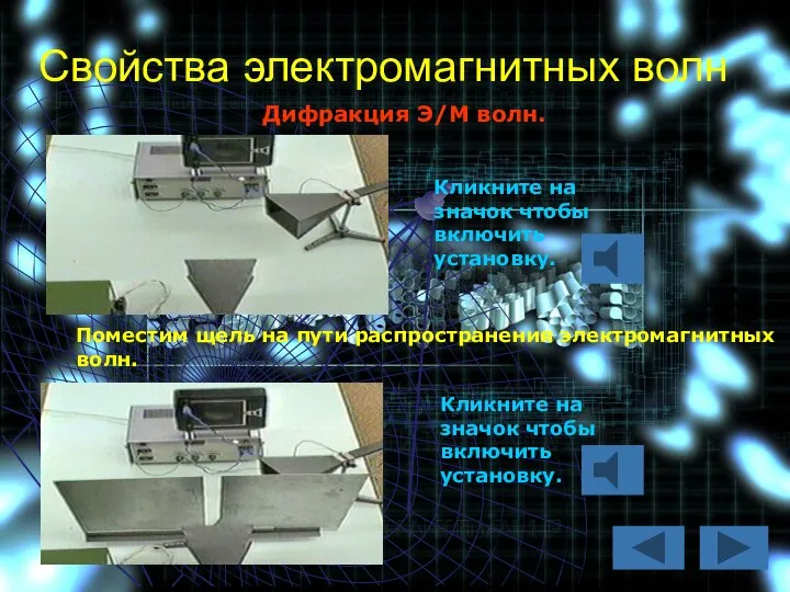 Свойства электромагнитных волн Дифракция Э/М волн. Кликните на значок чтобы включить