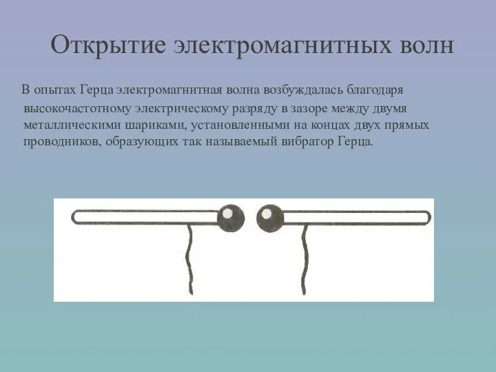 В опытах Герца электромагнитная волна возбуждалась благодаря высокочастотному электрическому разряду в