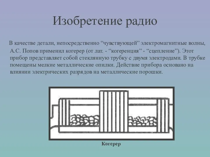 В качестве детали, непосредственно “чувствующей” электромагнитные волны, А.С. Попов применил когерер