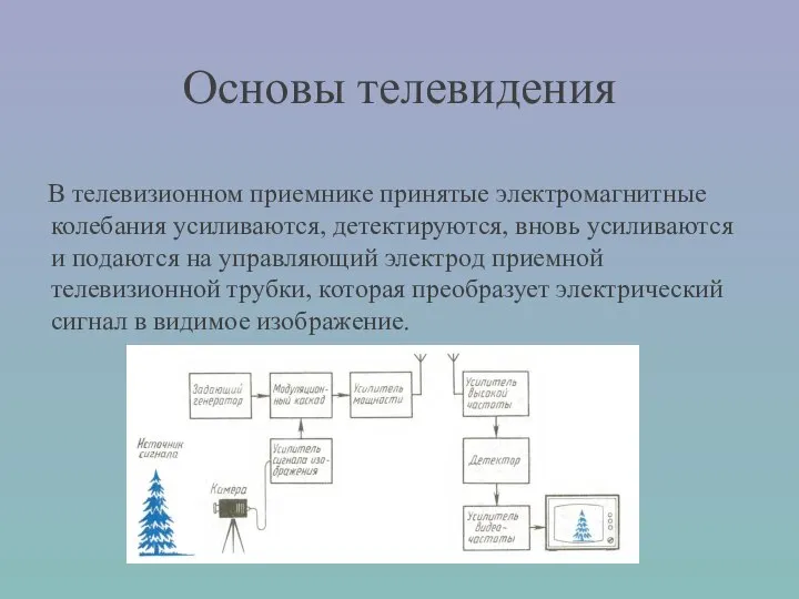 Основы телевидения В телевизионном приемнике принятые электромагнитные колебания усиливаются, детектируются, вновь