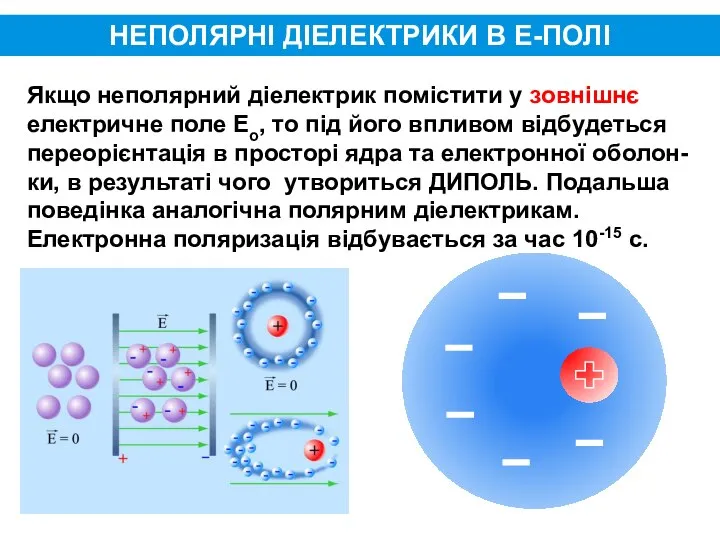НЕПОЛЯРНІ ДІЕЛЕКТРИКИ В Е-ПОЛІ Якщо неполярний діелектрик помістити у зовнішнє електричне