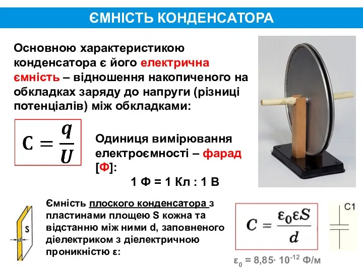 ЄМНІСТЬ КОНДЕНСАТОРА Основною характеристикою конденсатора є його електрична ємність – відношення