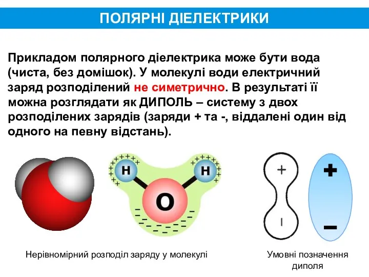 ПОЛЯРНІ ДІЕЛЕКТРИКИ Прикладом полярного діелектрика може бути вода (чиста, без домішок).