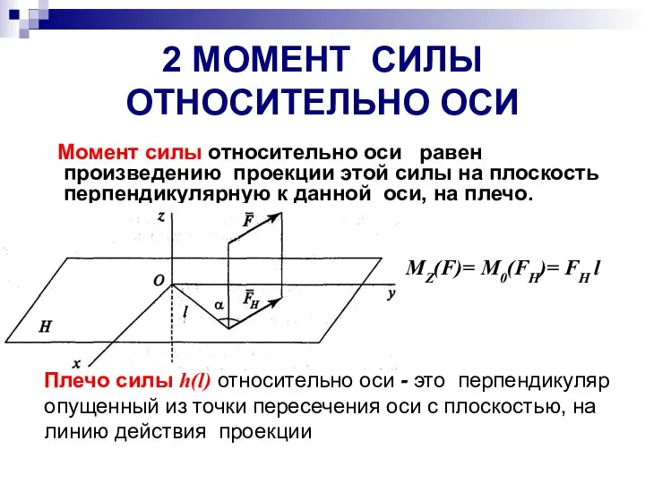 2 МОМЕНТ СИЛЫ ОТНОСИТЕЛЬНО ОСИ Момент силы относительно оси равен произведению