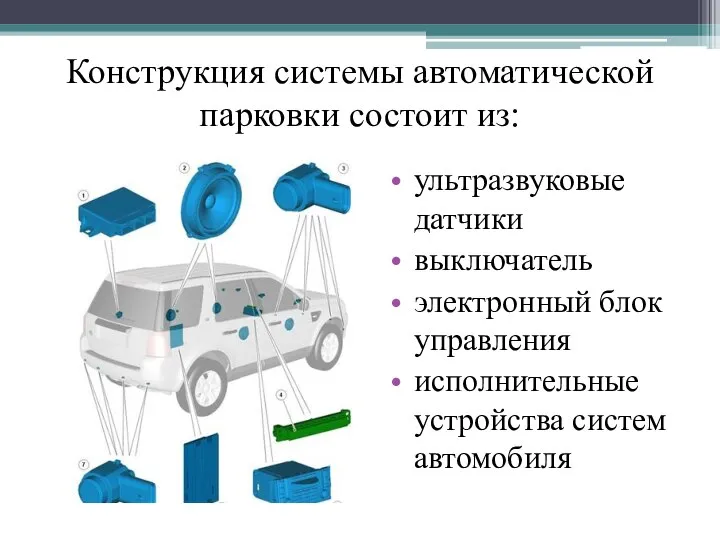 Конструкция системы автоматической парковки состоит из: ультразвуковые датчики выключатель электронный блок управления исполнительные устройства систем автомобиля