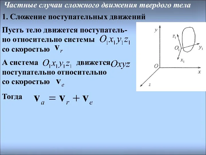 Частные случаи сложного движения твердого тела 1. Сложение поступательных движений Пусть