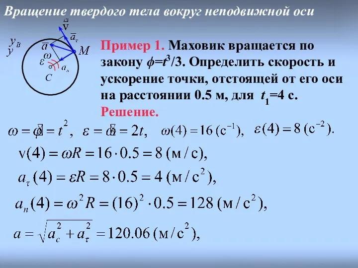 Пример 1. Маховик вращается по закону ϕ=t3/3. Определить скорость и ускорение