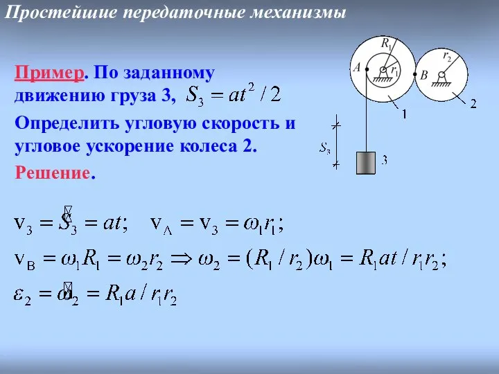 Простейшие передаточные механизмы Пример. По заданному движению груза 3, Определить угловую