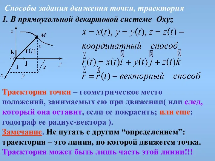 Способы задания движения точки, траектория 1. В прямоугольной декартовой системе Oxyz