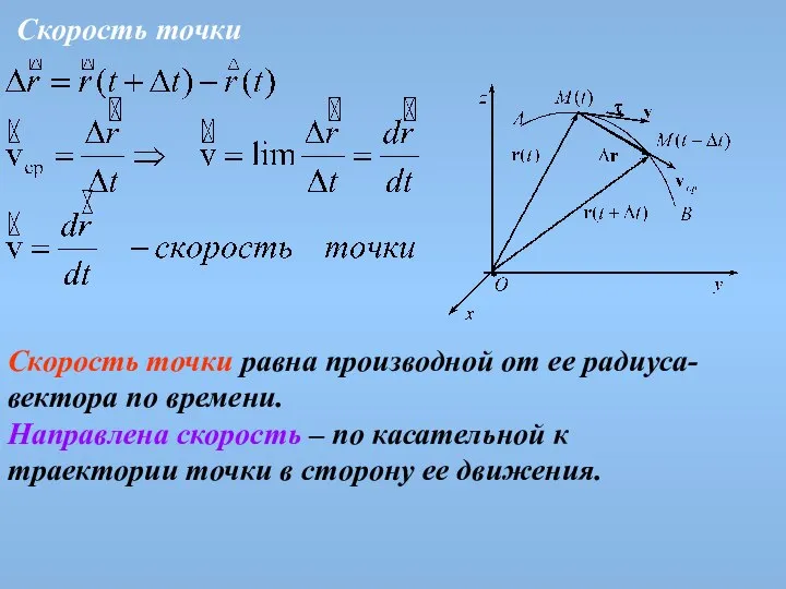 Скорость точки Скорость точки равна производной от ее радиуса-вектора по времени.