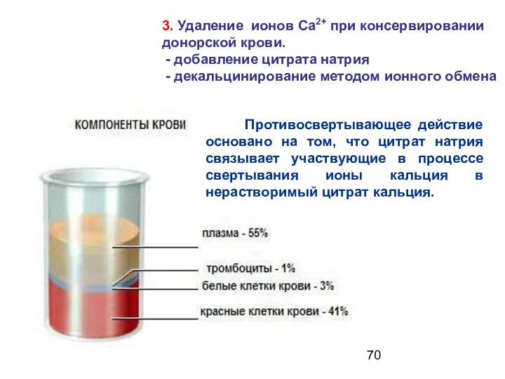 Противосвертывающее действие основано на том, что цитрат натрия связывает участвующие в