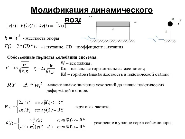 Модификация динамического воздействия. Собственные периоды колебания системы. - круговая частота W