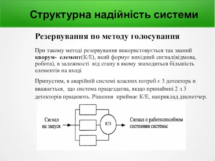 Структурна надійність системи Резервування по методу голосування При такому методі резервування