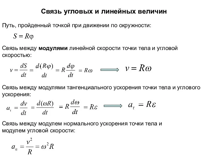 Связь угловых и линейных величин Путь, пройденный точкой при движении по