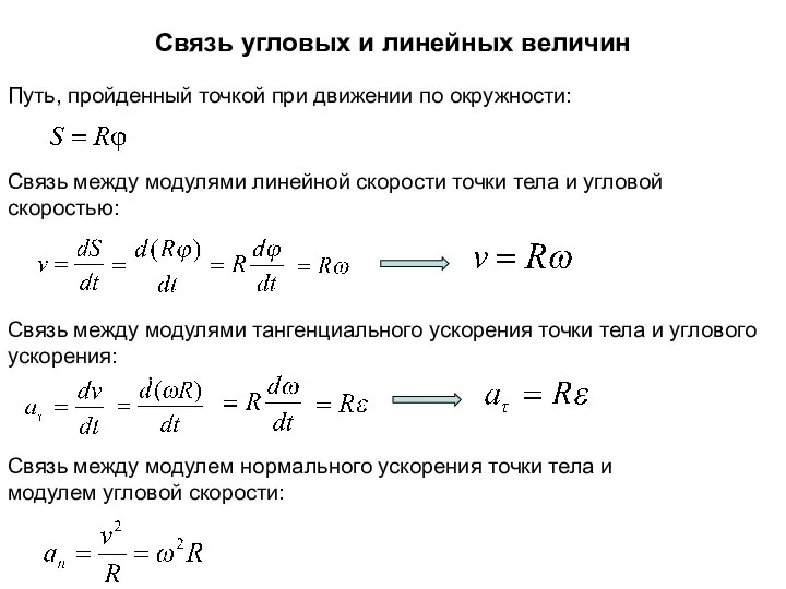 Связь угловых и линейных величин Путь, пройденный точкой при движении по