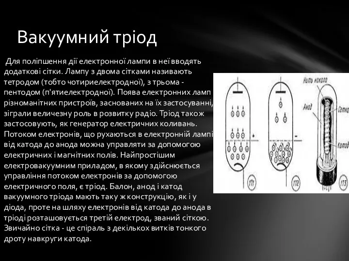 Вакуумний тріод Для поліпшення дії електронної лампи в неї вводять додаткові