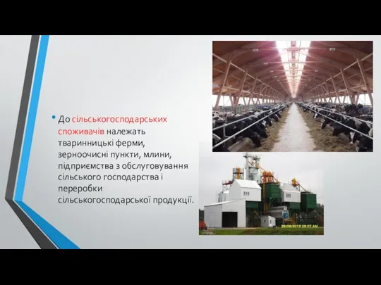 До сільськогосподарських споживачів належать тваринницькі ферми, зерноочисні пункти, млини, підприємства з