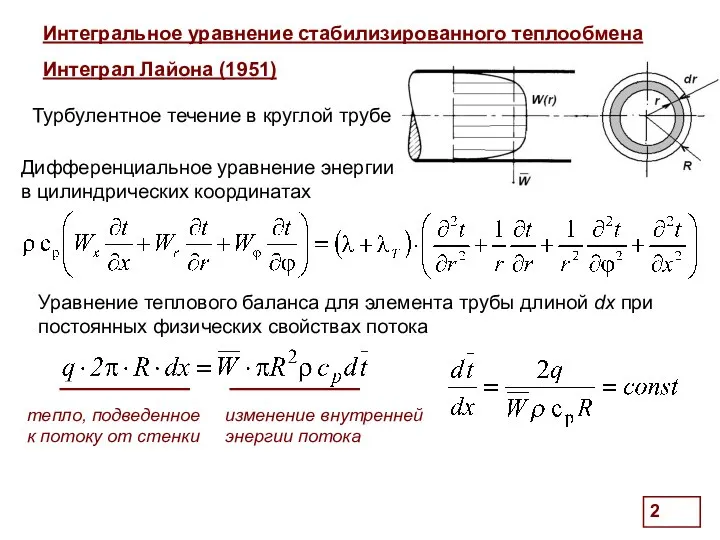 . Интегральное уравнение стабилизированного теплообмена Интеграл Лайона (1951) Дифференциальное уравнение энергии