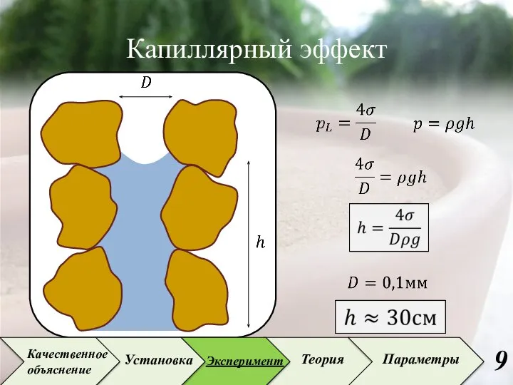 Капиллярный эффект Установка Эксперимент Теория Параметры Качественное объяснение