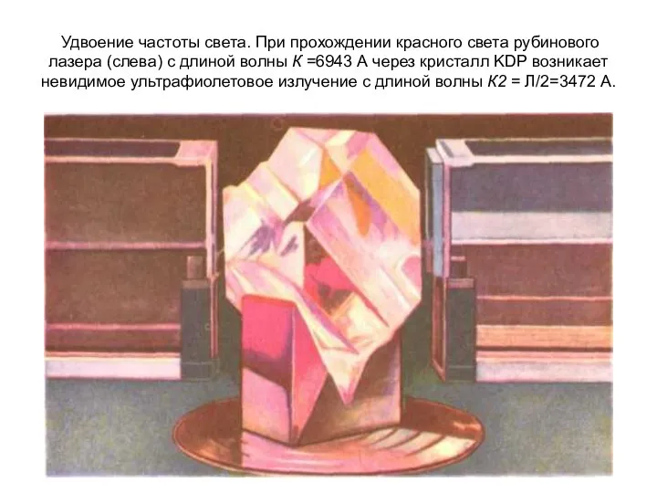 Удвоение частоты света. При прохождении красного света рубинового лазера (слева) с