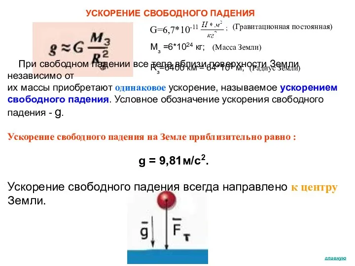 УСКОРЕНИЕ СВОБОДНОГО ПАДЕНИЯ При свободном падении все тела вблизи поверхности Земли