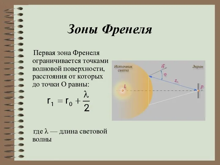 Зоны Френеля Первая зона Френеля ограничивается точками волновой поверхности, расстояния от