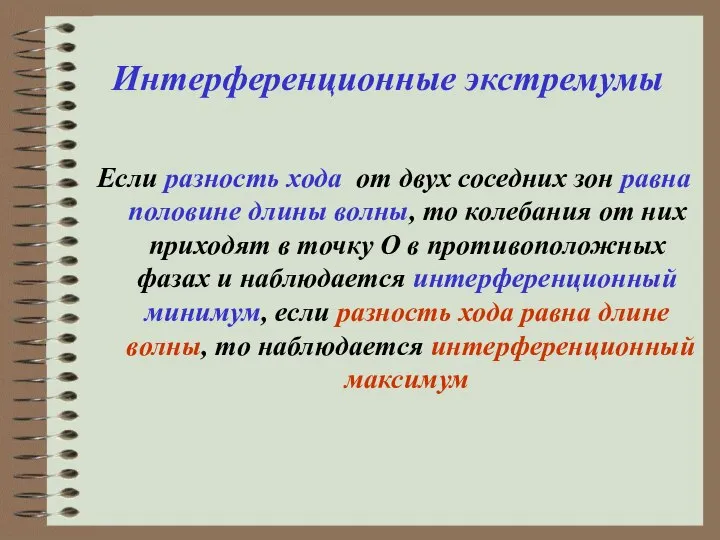 Интерференционные экстремумы Если разность хода от двух соседних зон равна половине