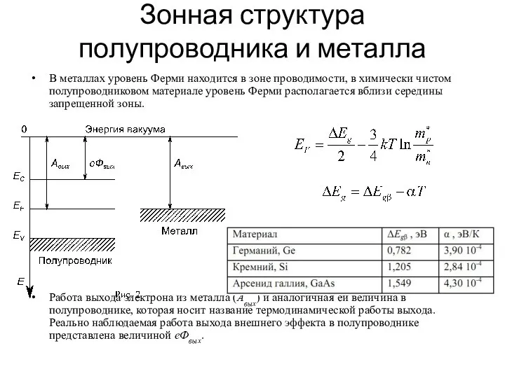 Зонная структура полупроводника и металла В металлах уровень Ферми находится в