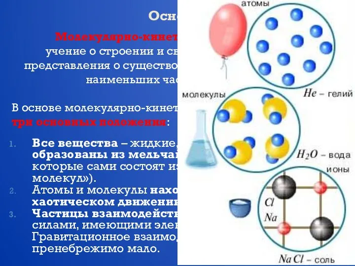 Основные положения МКТ Молекулярно-кинетической теорией называют учение о строении и свойствах