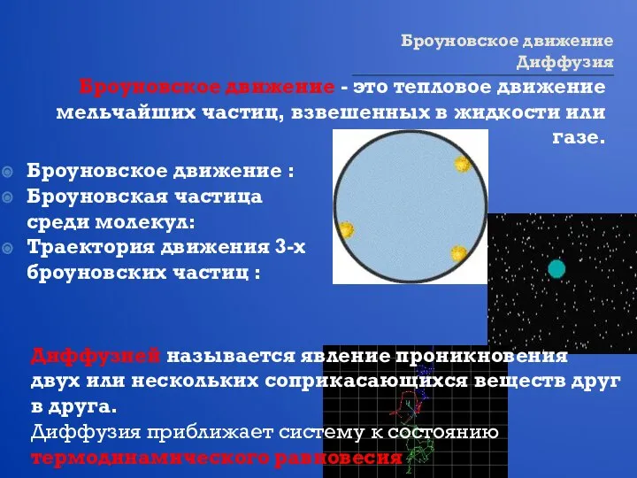 Броуновское движение Диффузия Броуновское движение - это тепловое движение мельчайших частиц,