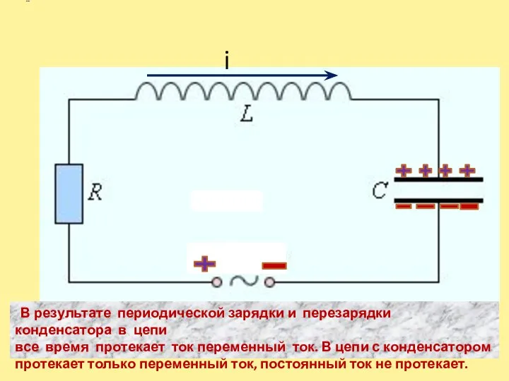 i В результате периодической зарядки и перезарядки конденсатора в цепи все