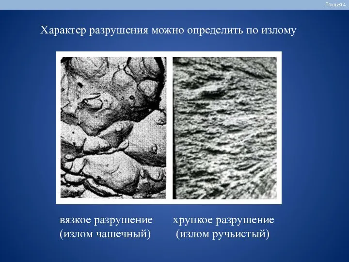 Лекция 4 Характер разрушения можно определить по излому вязкое разрушение хрупкое разрушение (излом чашечный) (излом ручьистый)