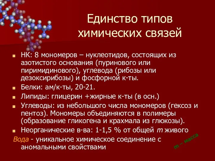 Единство типов химических связей НК: 8 мономеров – нуклеотидов, состоящих из