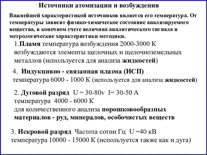 Источники атомизации и возбуждения 1.Пламя температура возбуждения 2000-3000 К возбуждаются элементы