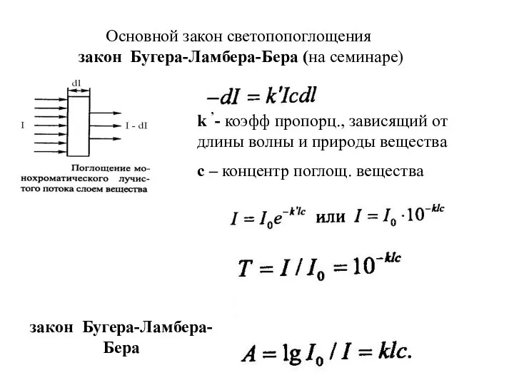 Основной закон светопопоглощения закон Бугера-Ламбера-Бера (на семинаре) k ’- коэфф пропорц.,