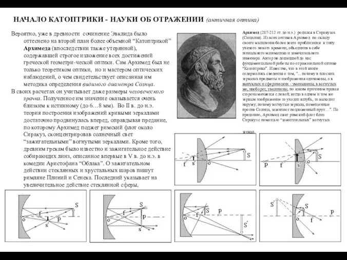 НАЧАЛО КАТОПТРИКИ - НАУКИ ОБ ОТРАЖЕНИИ (античная оптика) Вероятно, уже в