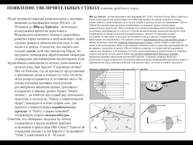 ПОЯВЛЕНИЕ УВЕЛИЧИТЕЛЬНЫХ СТЕКОЛ (оптика арабского мира) После античного периода развития науки