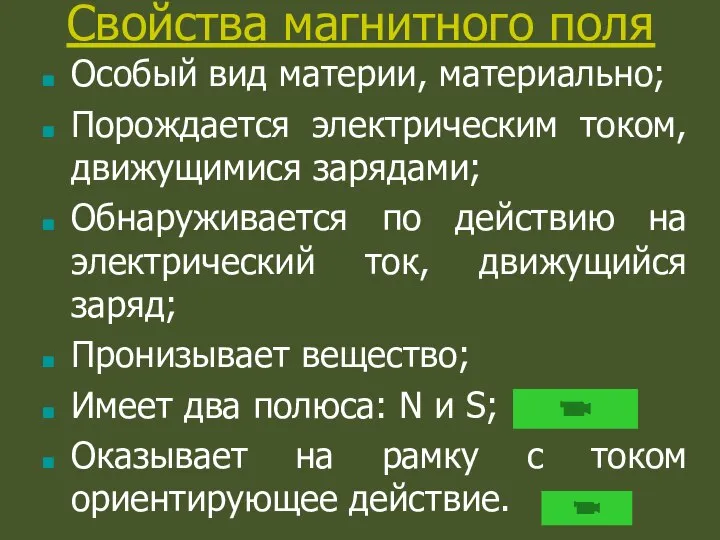 Свойства магнитного поля Особый вид материи, материально; Порождается электрическим током, движущимися