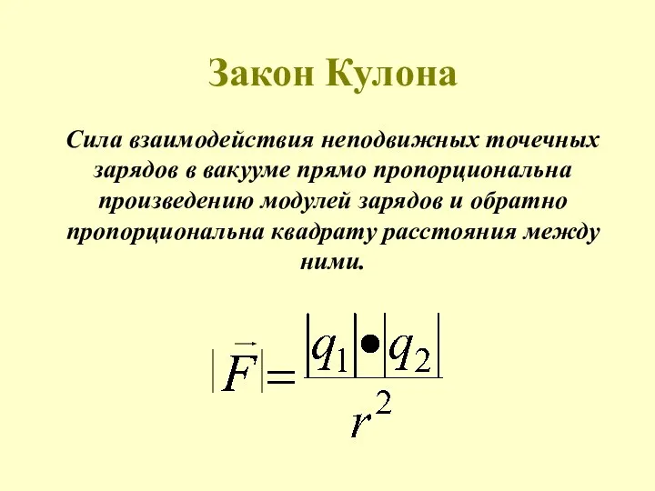 Закон Кулона Сила взаимодействия неподвижных точечных зарядов в вакууме прямо пропорциональна