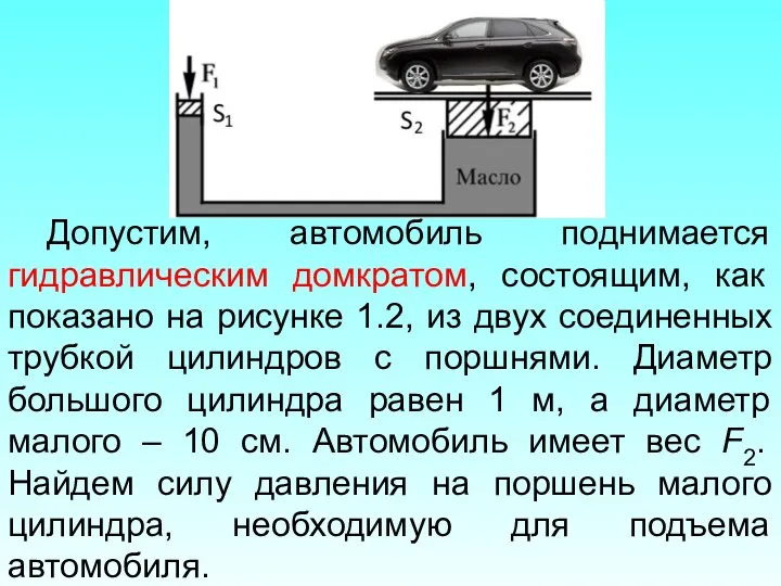 Допустим, автомобиль поднимается гидравлическим домкратом, состоящим, как показано на рисунке 1.2,