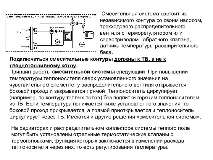 Подключаться смесительные контуры должны к ТБ, а не к твердотопливному котлу.