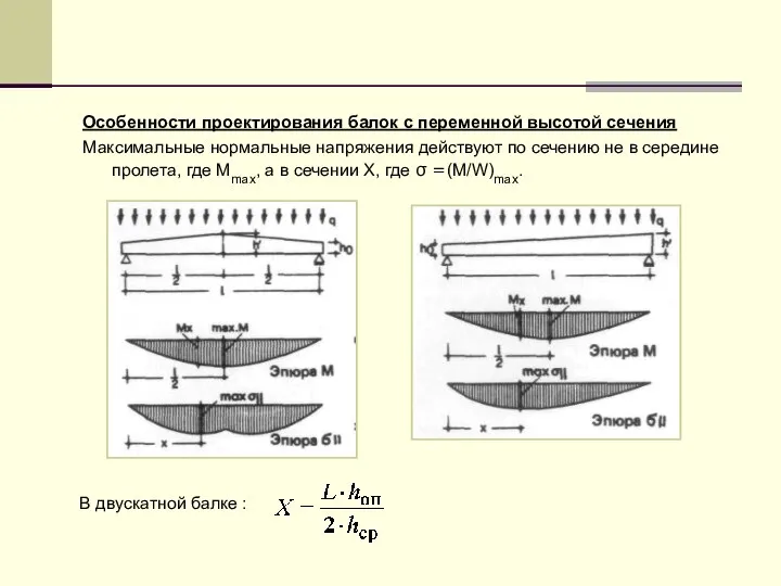 Особенности проектирования балок с переменной высотой сечения Максимальные нормальные напряжения действуют