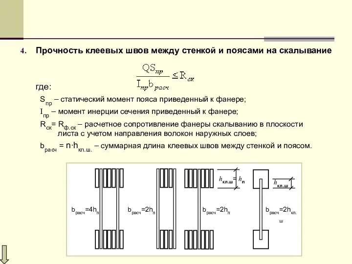 Прочность клеевых швов между стенкой и поясами на скалывание где: Sпр