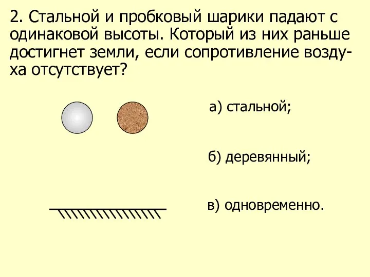 2. Стальной и пробковый шарики падают с одинаковой высоты. Который из