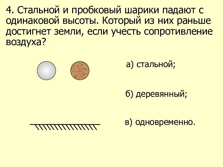 4. Стальной и пробковый шарики падают с одинаковой высоты. Который из