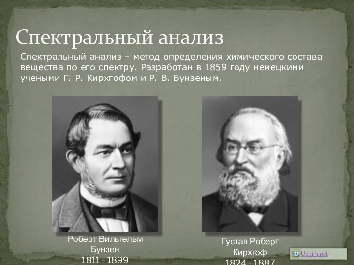 Спектральный анализ Густав Роберт Кирхгоф 1824 - 1887 Роберт Вильгельм Бунзен