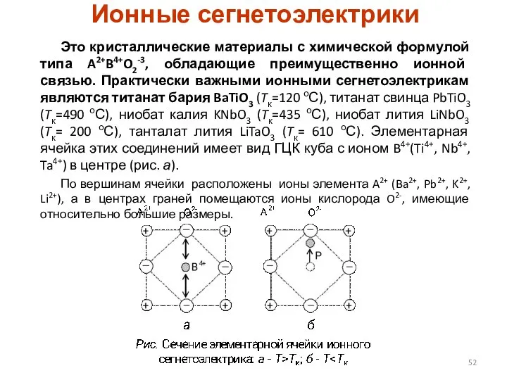 Ионные сегнетоэлектрики Это кристаллические материалы с химической формулой типа A2+B4+O2-3, обладающие