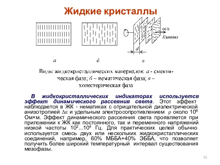 Жидкие кристаллы В жидкокристаллических индикаторах используется эффект динамического рассеяния света. Этот